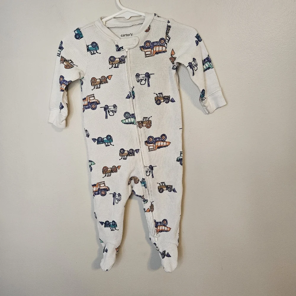Carter's Baby Car 2-Way Zip Waffle Knit Sleep & Play Pajamas Ivory Vehicles